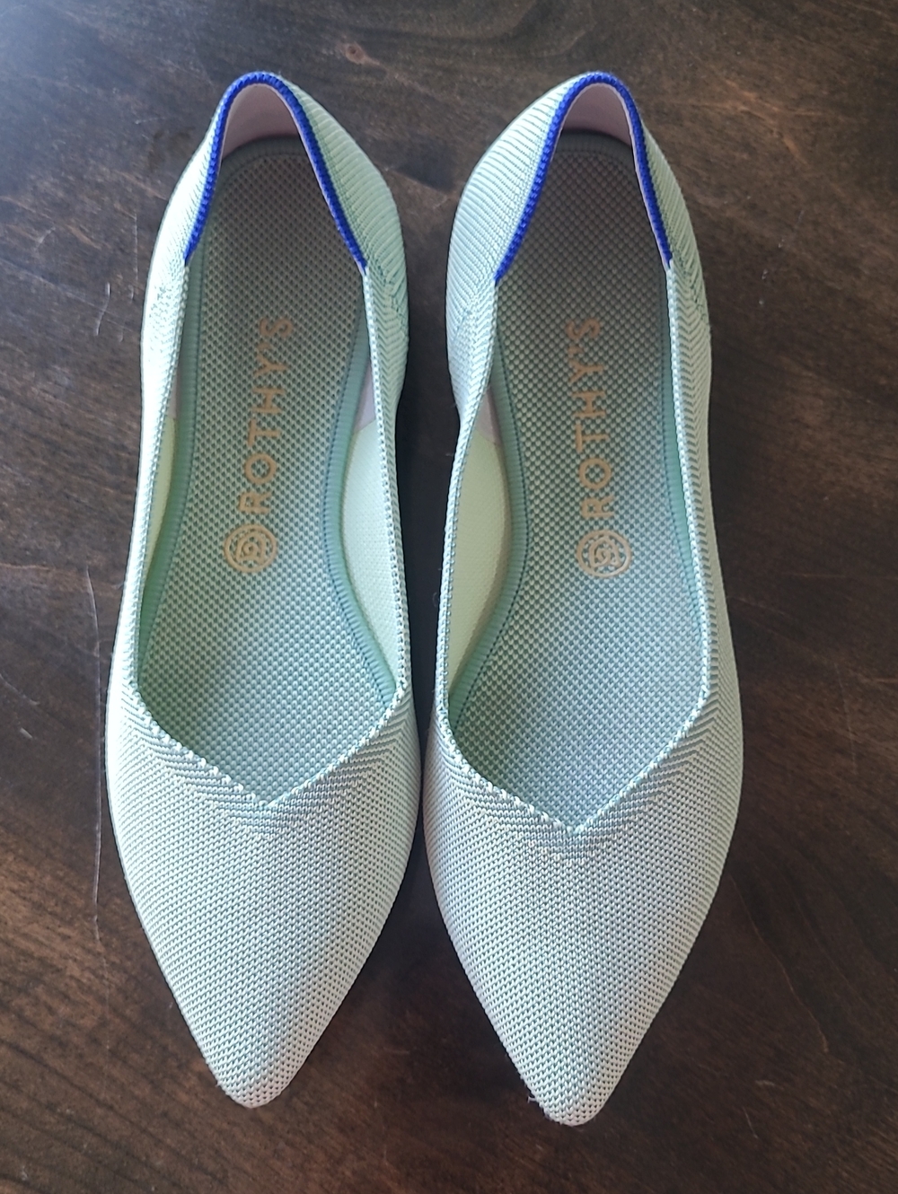 Rothy's Mint Pointed Flats with Royal Blue Trim